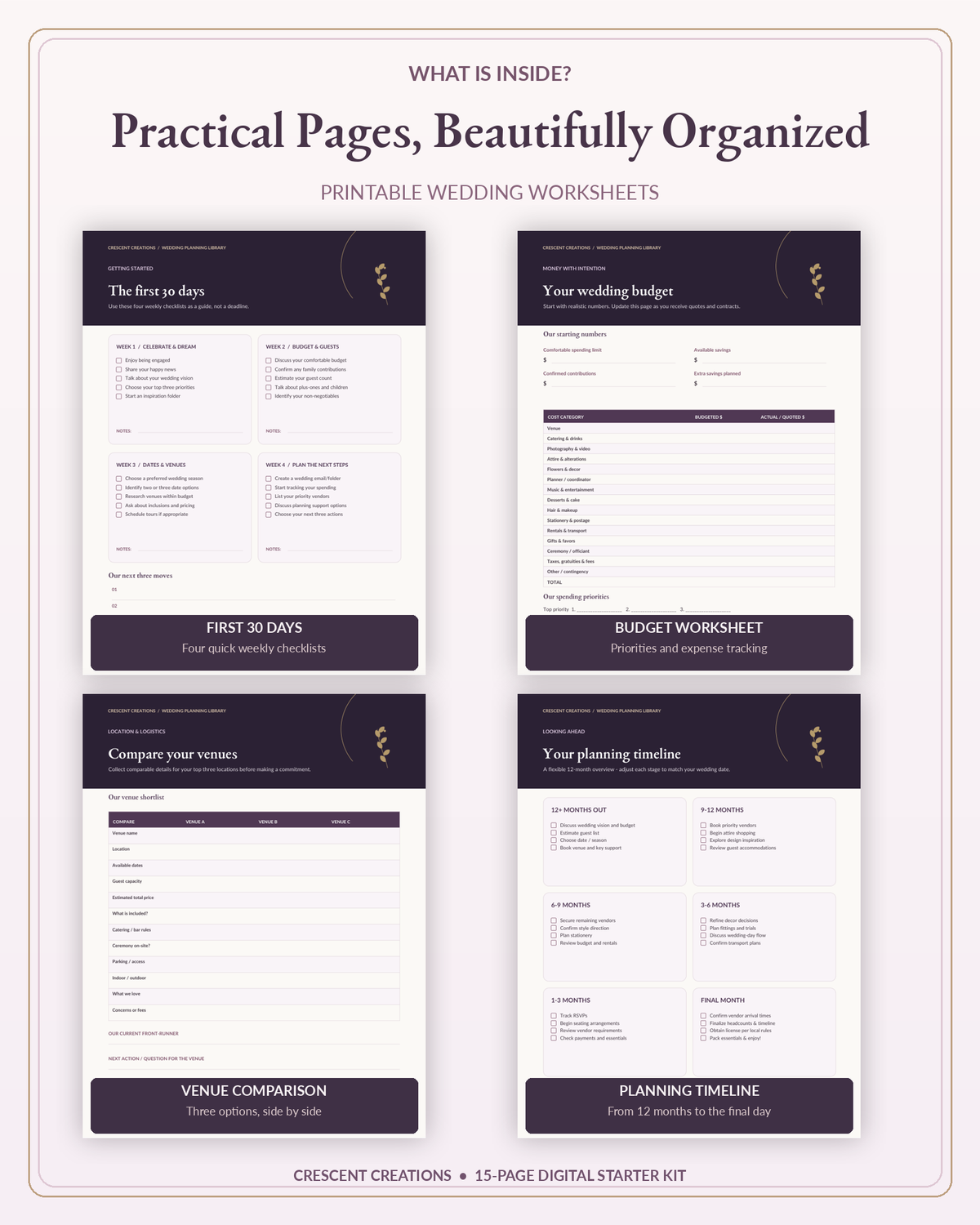 Preview of pages included in Crescent Creations 15-page wedding planning printable